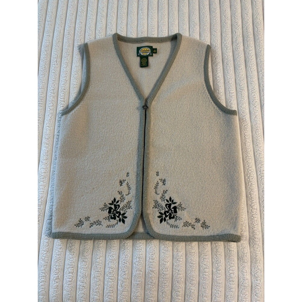 Vintage Cabelas 100% Wool Floral Embroider Sweater Vest women medium beige green